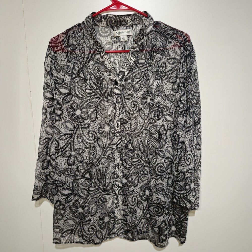 Coldwater Creek Sheer Floral Blouse Black White 3/4 Roll Tab Sleeve L Top Large